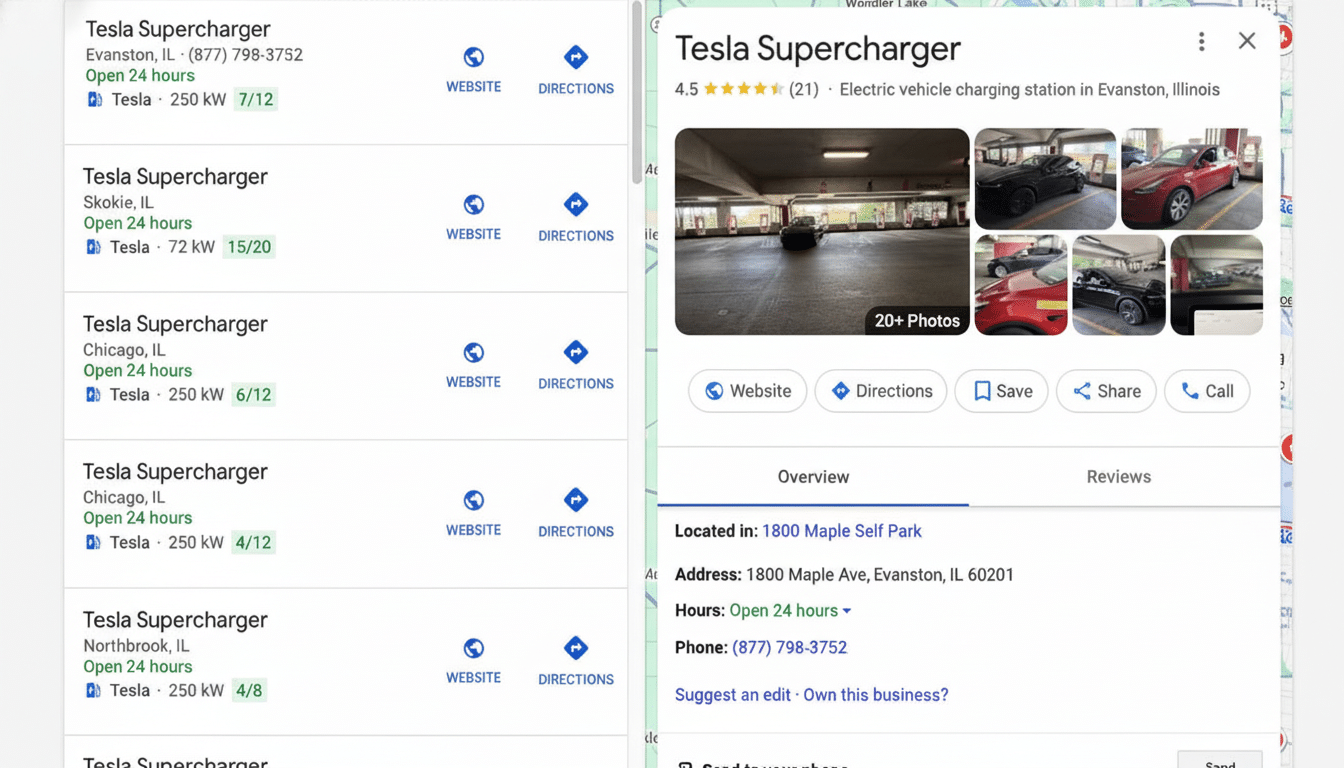 A screenshot of Google Maps showing Tesla Supercharger locations in Illinois, with a detailed view of the Evanston location.