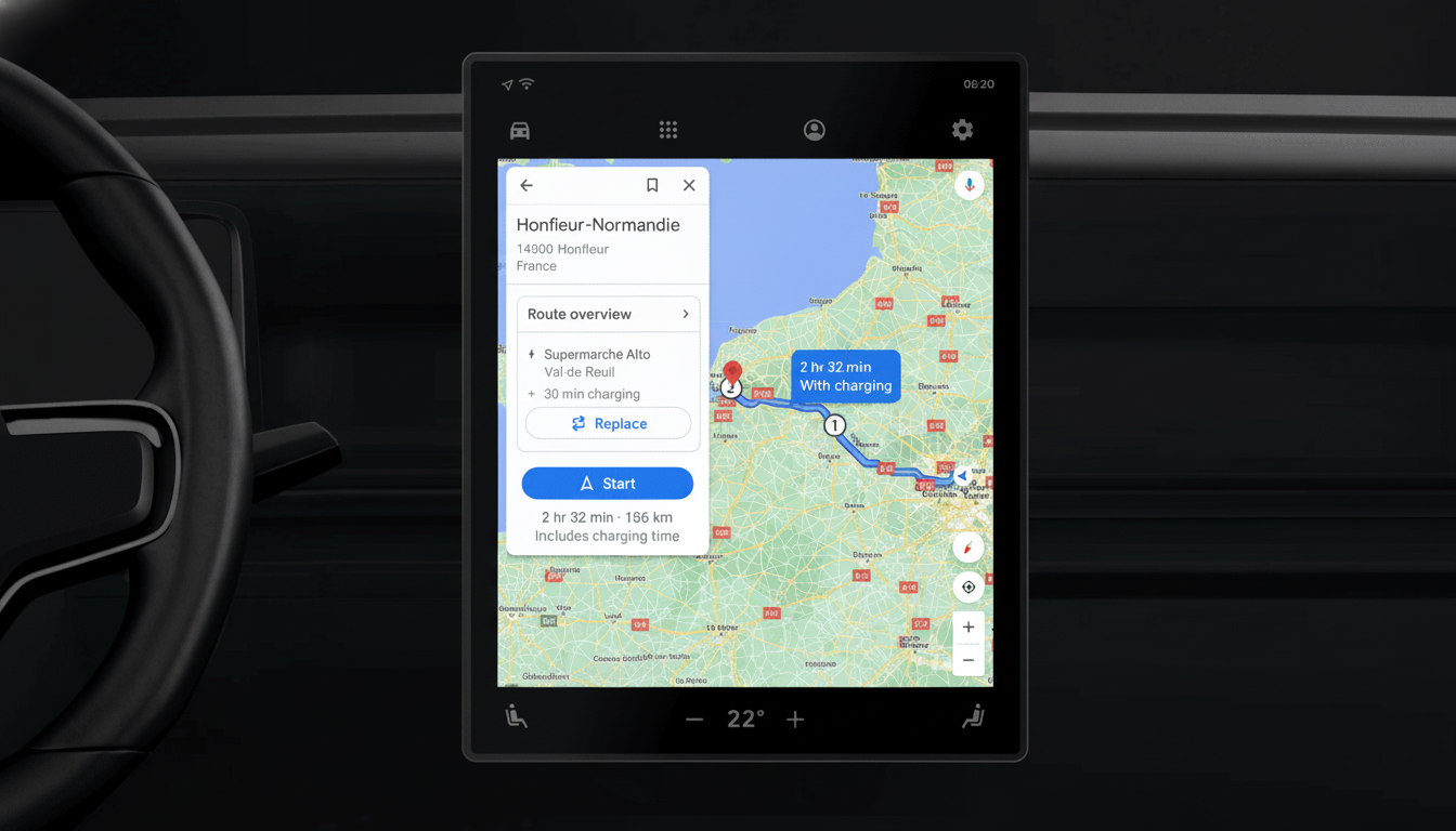 A cars infotainment screen displaying a navigation route from Honfleur-Normandie to a Supermarché Alto in Val-de-Reuil, showing a 2 hr 32 min drive including 30 min of charging.