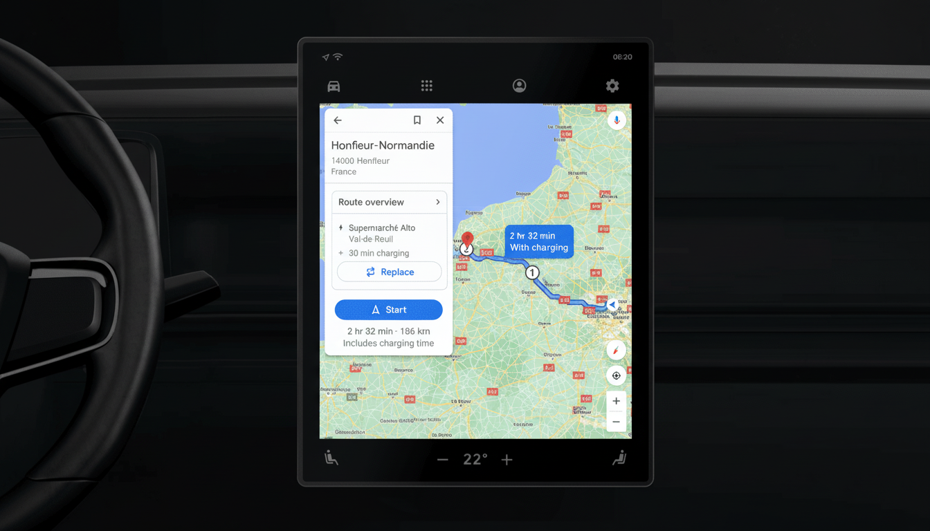 A cars infotainment screen displaying a navigation route from Honfleur-Normandie to a Supermarché Alto, with a total travel time of 2 hours and 32 minutes including charging.
