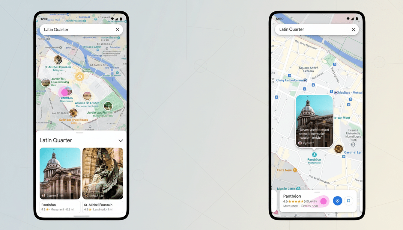 A 16:9 aspect ratio image showing two mobile phone screens displaying Google Maps. The left screen shows a map of the Latin Quarter in Paris with various landmarks highlighted, and a bottom section with cards for the Pantheon and St-Michel Fountain. The right screen shows a zoomed-in view of the Pantheon on the map, with a pop-up displaying an image and description of the monument. The background is a professional flat design with soft patterns.