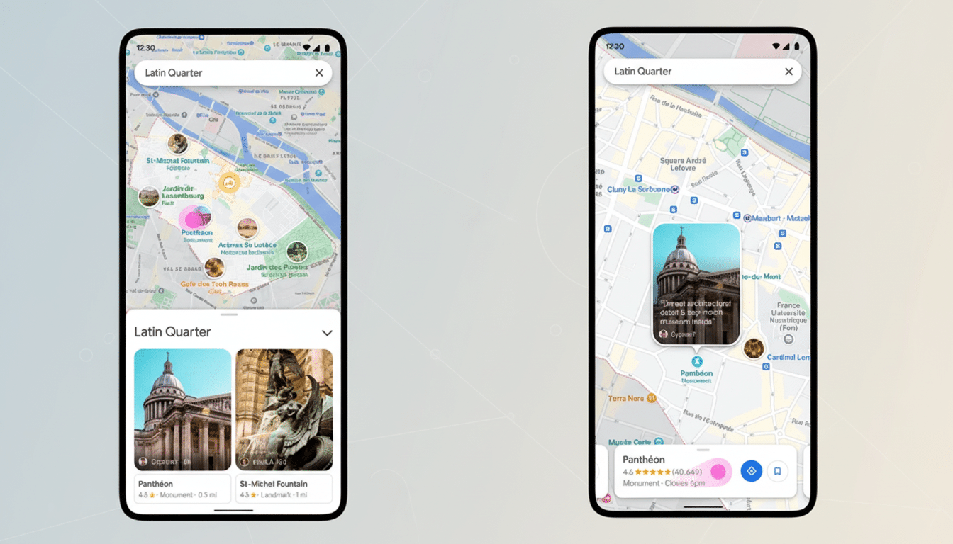 A 16:9 aspect ratio image showing two mobile phone screens displaying Google Maps. The left screen shows a map of the Latin Quarter in Paris with various landmarks highlighted, and a bottom section with cards for Panthéon and St-Michel Fountain. The right screen shows a closer view of the map with a pop-up card for the Panthéon, displaying an image and a review.