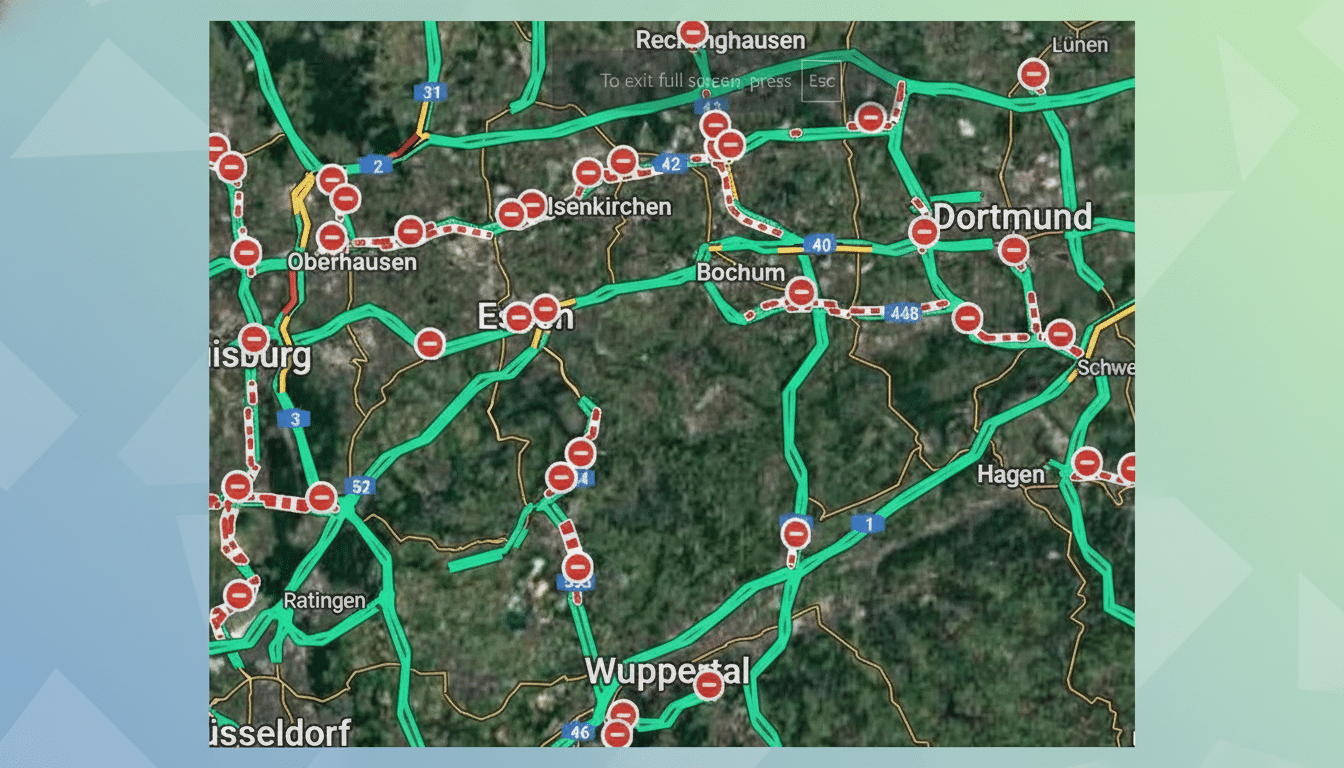 A map showing traffic conditions in Germany, with red circles indicating road closures or heavy traffic, and green lines indicating clear roads. The map is centered on cities like Dortmund, Essen, and Bochum.