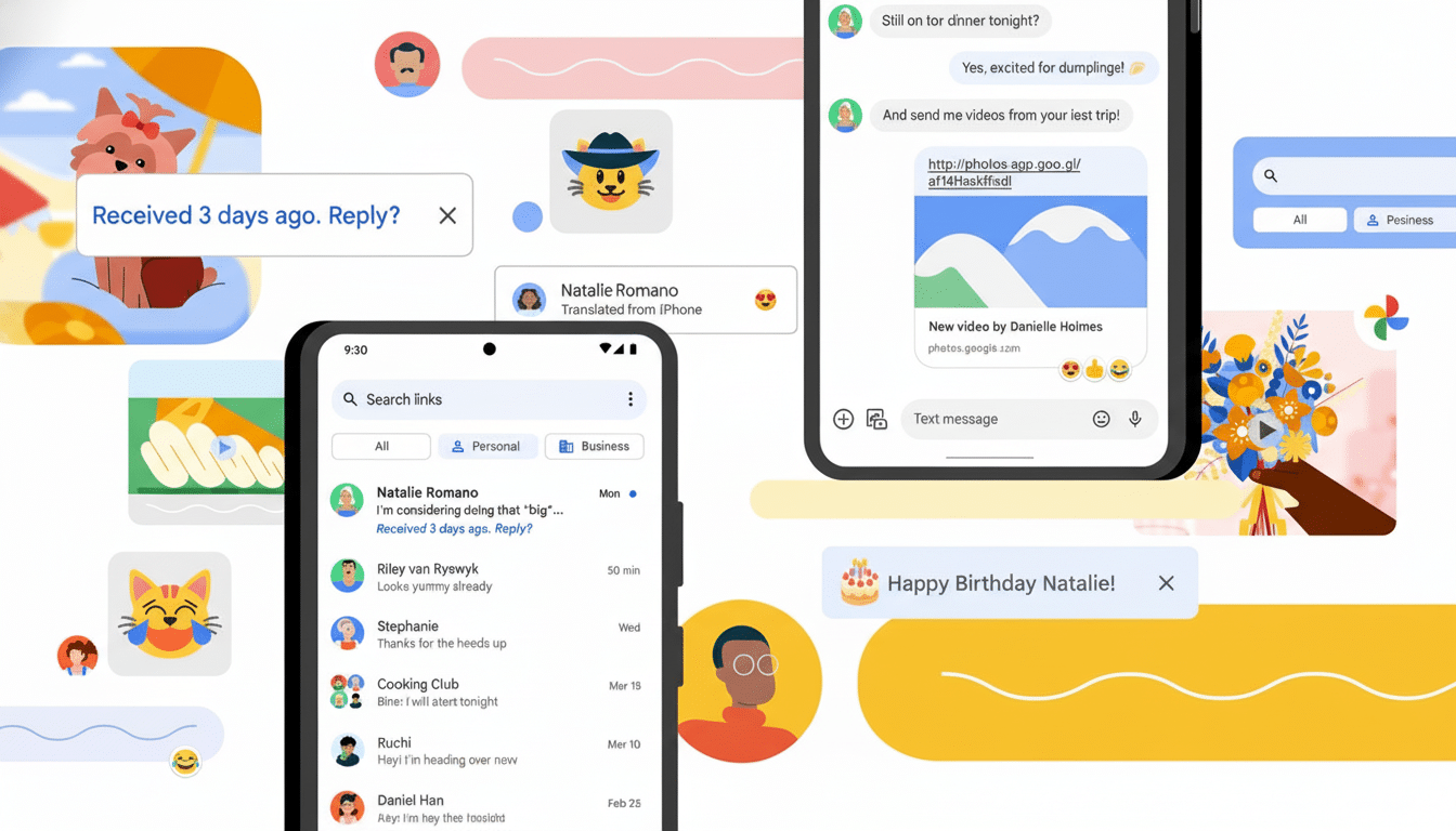 A professionally enhanced image of a mobile phone displaying a messaging app interface, with various chat bubbles and cartoon avatars surrounding it, all set against a clean, light background.