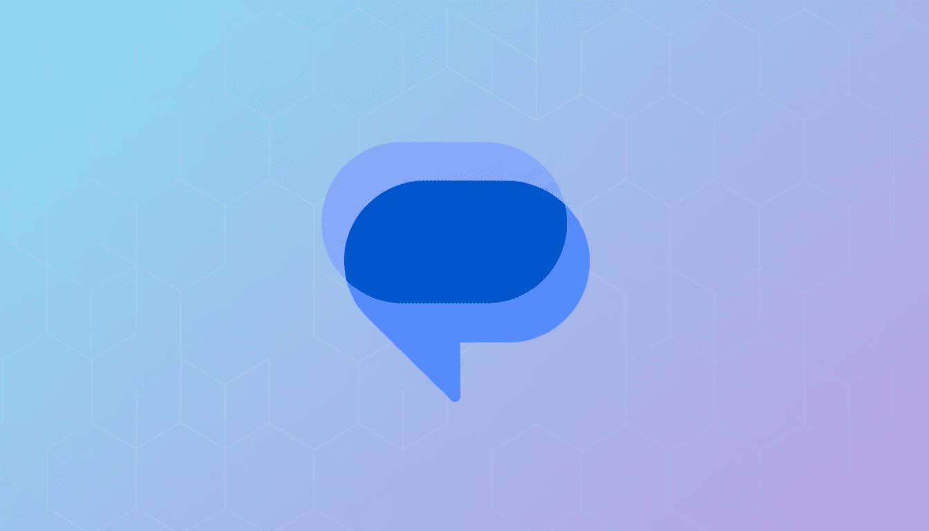 A blue chat bubble icon on a professional flat design background with soft patterns and gradients.