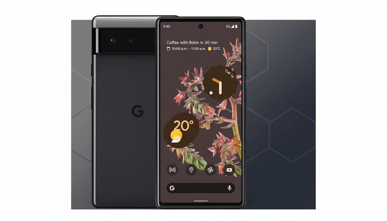 A black Google Pixel 6 smartphone is displayed at a 16:9 aspect ratio on a professional flat design background with soft patterns. The phones screen shows a floral wallpaper, weather information, and app icons.