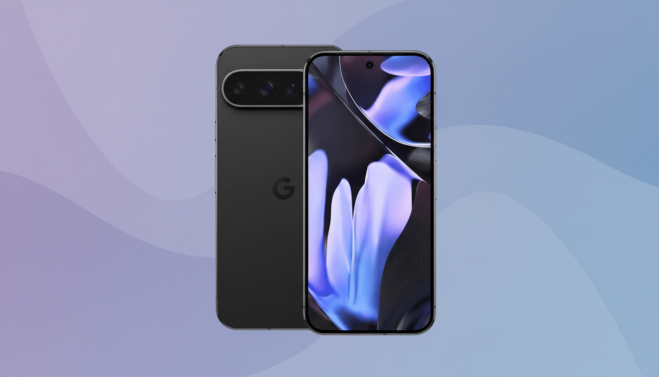 A black smartphone with a vibrant purple and blue screen, shown at a 16:9 aspect ratio with a professional flat design background featuring soft purple and blue gradients and subtle wave patterns.