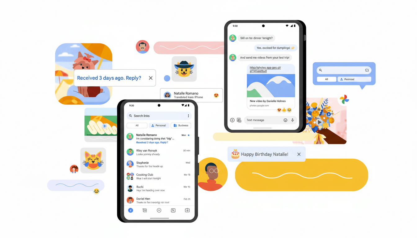 A 16:9 aspect ratio image of two smartphones displaying messaging apps, surrounded by various chat bubbles and cartoon elements.