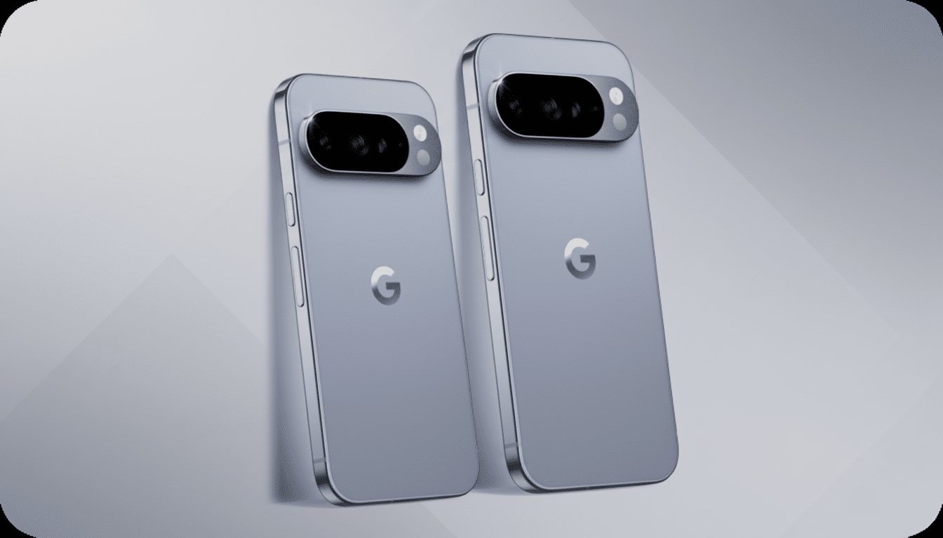 Two grey Google Pixel phones are displayed at a slight angle against a professional flat design background with soft patterns and gradients.