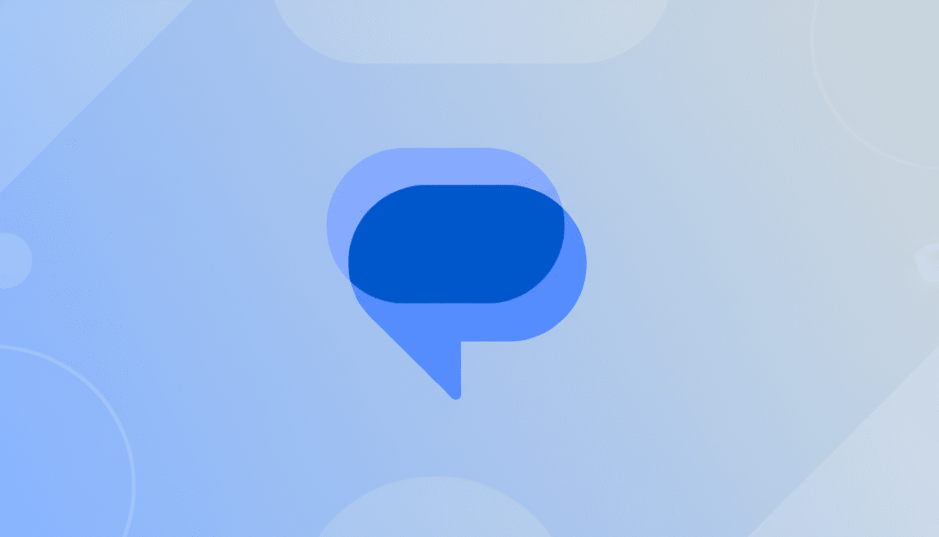 A blue chat bubble icon on a light blue gradient background with subtle geometric patterns.
