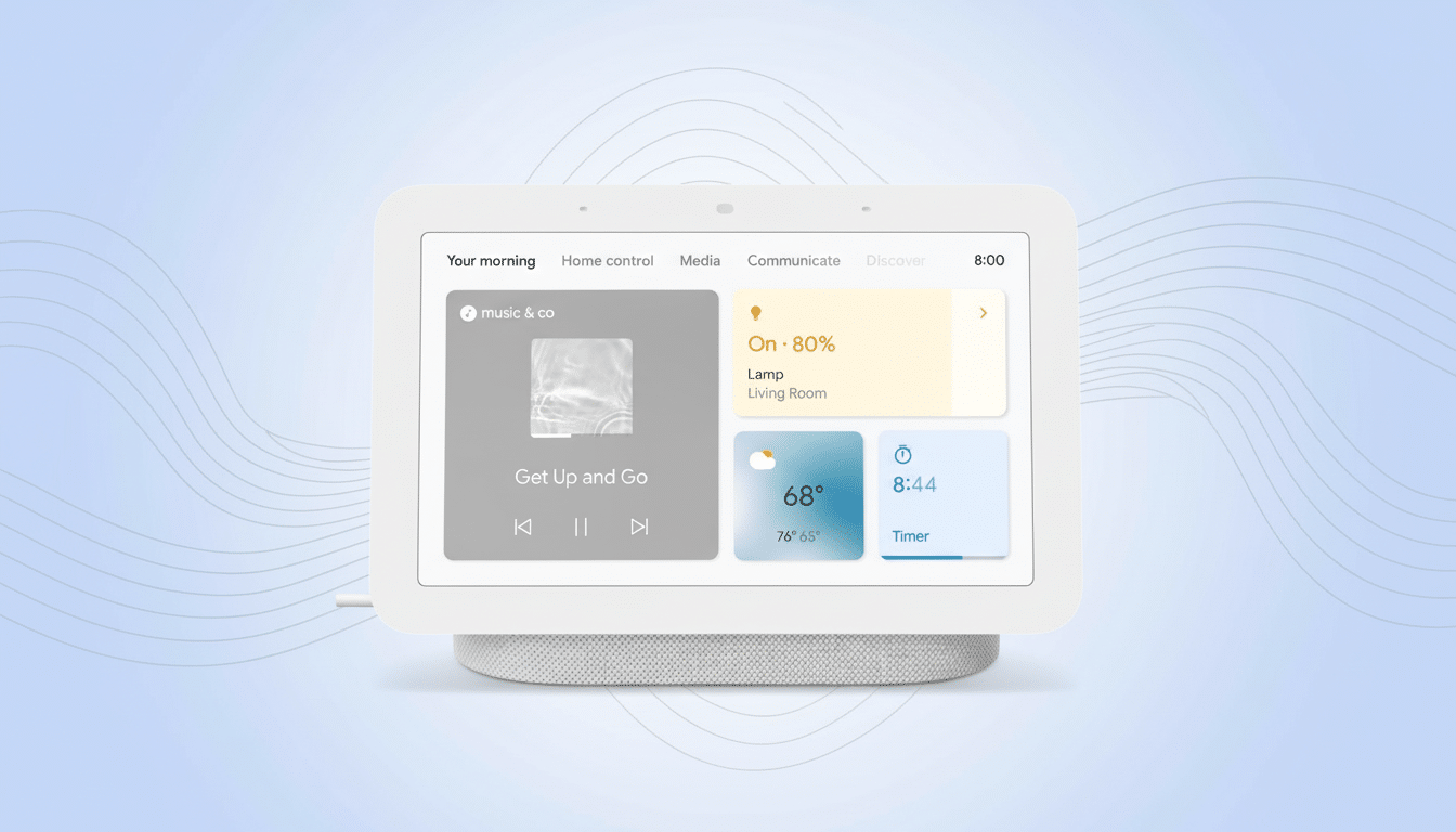 A Google Nest Hub smart display showing various smart home controls and information, set against a professional light blue background with subtle wave patterns.