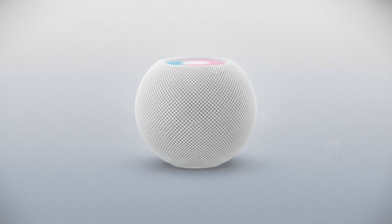 A white HomePod mini speaker with a colorful light on top, set against a professional flat design background with soft geometric patterns.