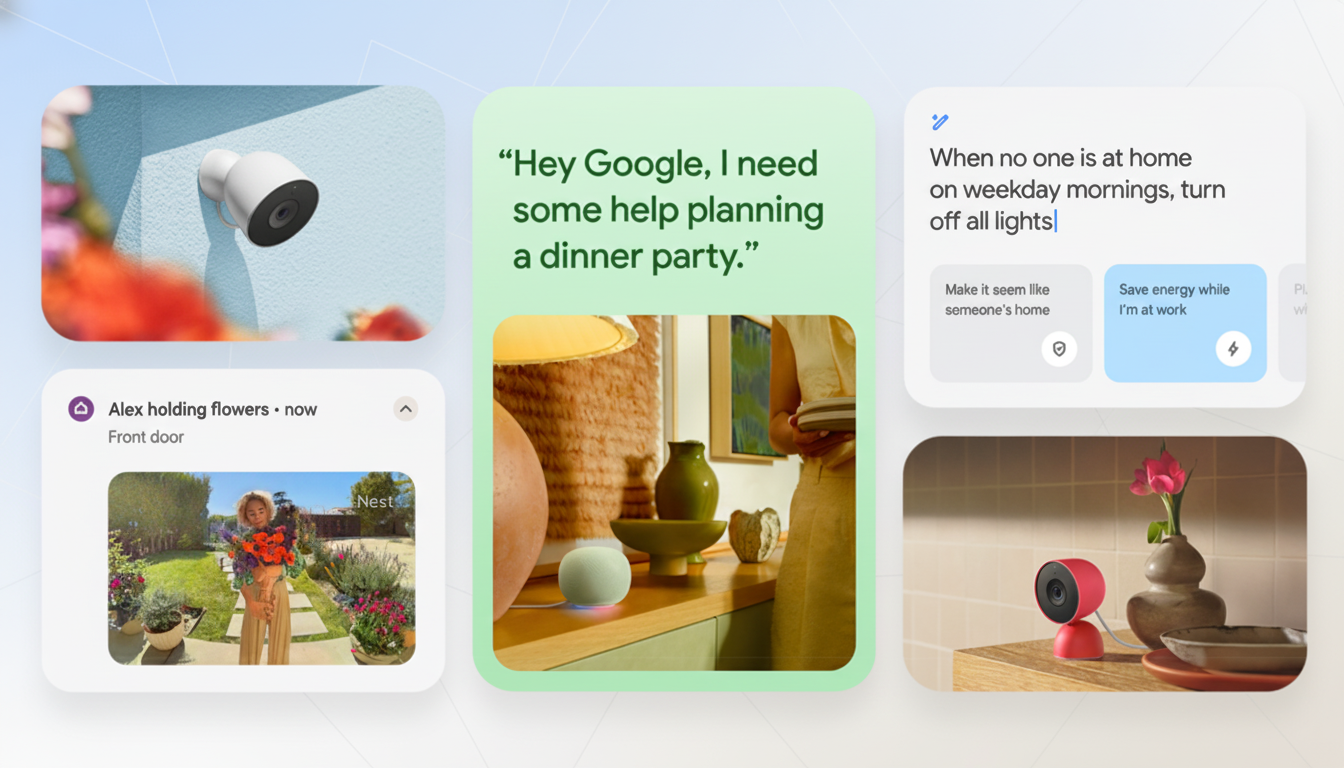 A collage of Google Nest product images and interface screenshots, including a white outdoor camera, a Google Assistant interaction about planning a dinner party, a child holding flowers in front of a Nest doorbell, a Google Nest Hub on a counter, and a red indoor camera.