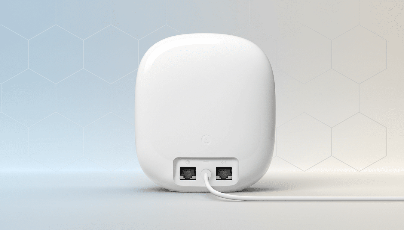 A white Google Nest Wifi router, viewed from the back, with a white power cable plugged in. The background is a professional flat design with soft blue and orange gradients and a subtle hexagonal pattern.