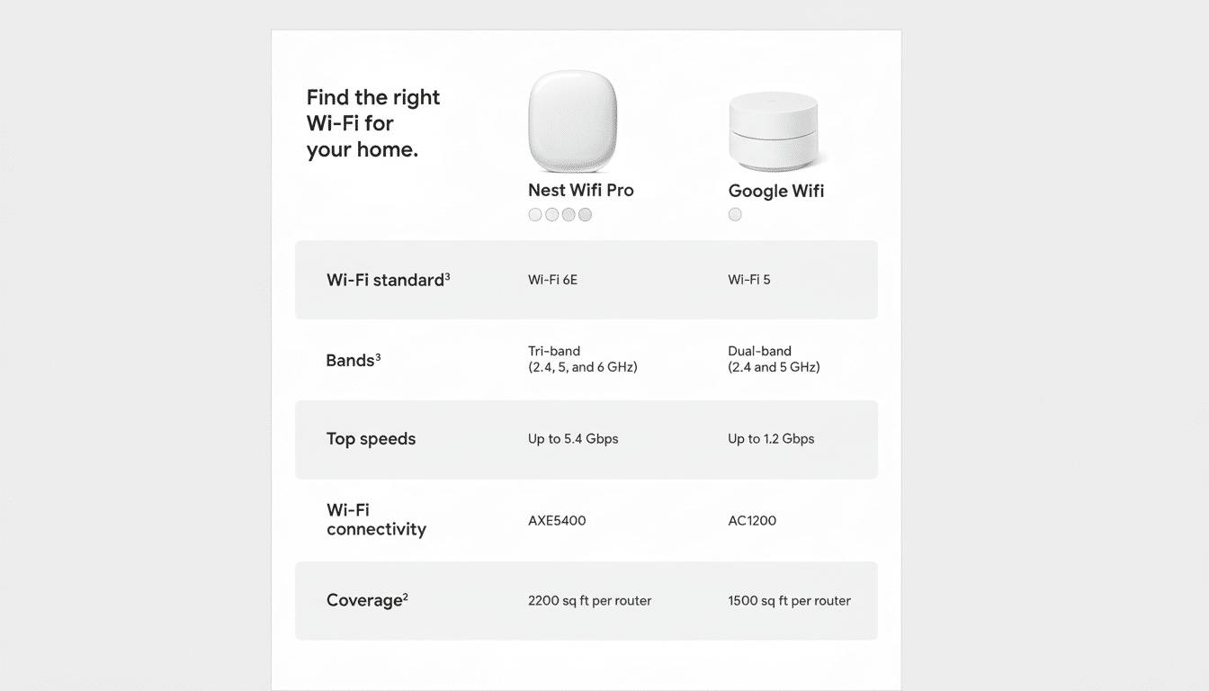 A comparison chart for Nest Wifi Pro and Google Wifi, detailing Wi-Fi standard, bands, top speeds, Wi-Fi connectivity, and coverage.