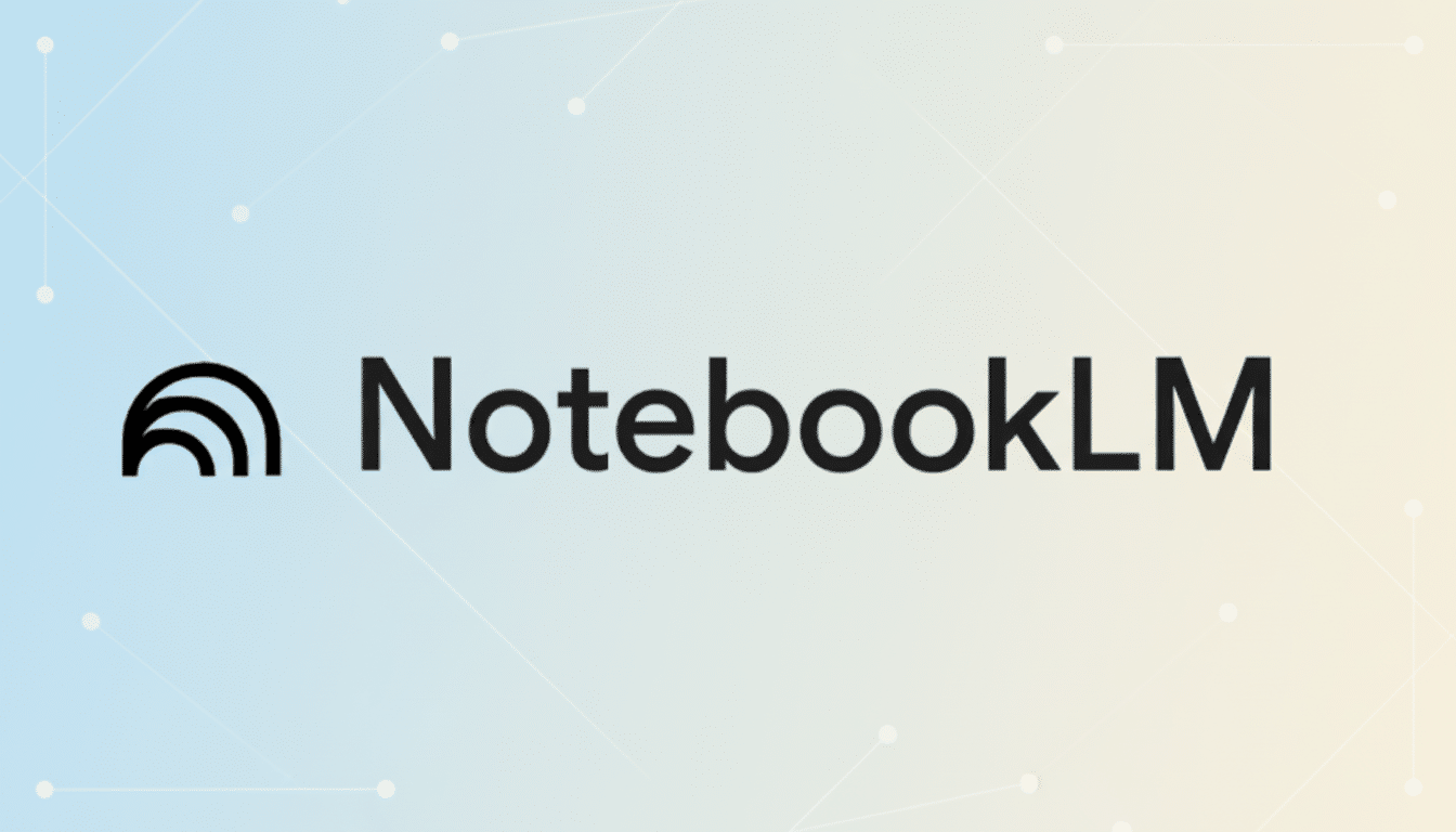 The NotebookLM logo, featuring a stylized black icon resembling a notebook or sound waves, next to the text NotebookLM in black, all set against a professional 16:9 aspect ratio background with a soft blue and yellow gradient and subtle geometric patterns.