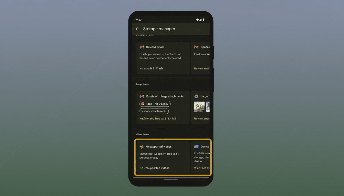 A smartphone screen displaying the Storage manager interface, with sections for Deleted emails, Emails with large attachments, and Unsupported videos. The Unsupported videos section is highlighted with a yellow border.