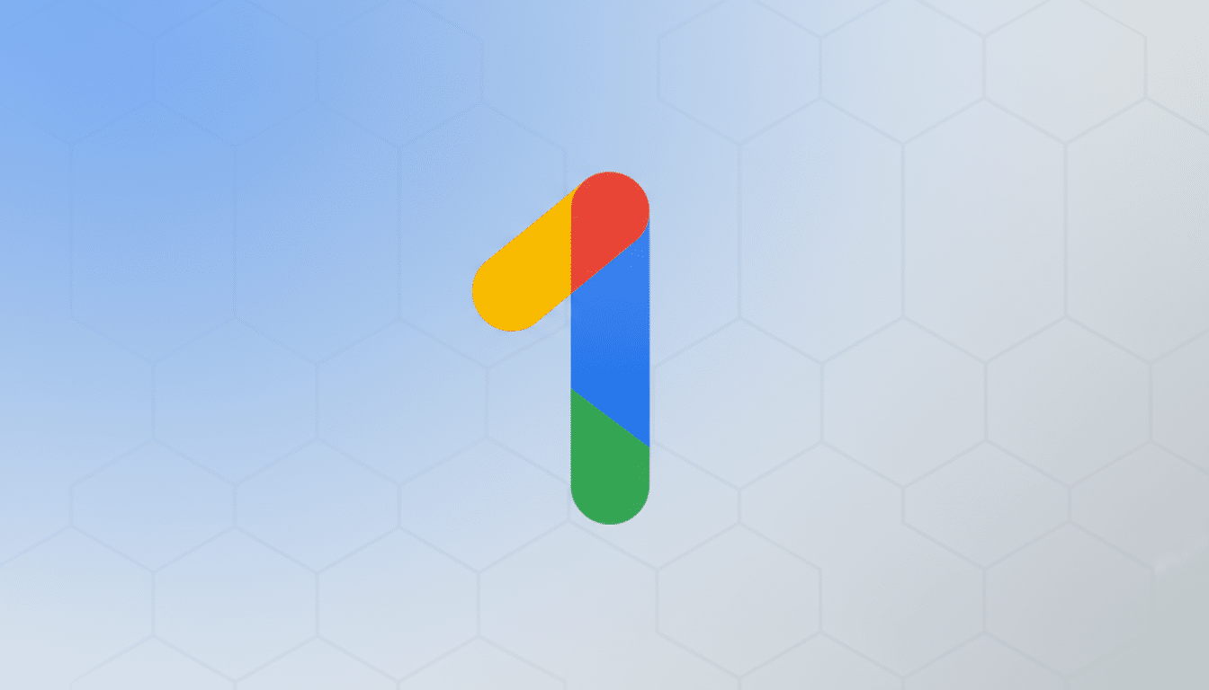 The Google One logo, a stylized number 1 composed of red, yellow, blue, and green segments, centered on a light blue background with a subtle hexagonal pattern.