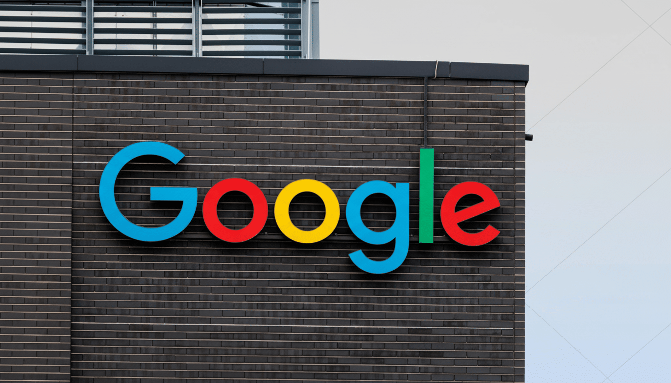 The Google logo in its iconic blue, red, yellow, and green colors, mounted on a dark brick building, with a professional 16:9 aspect ratio.
