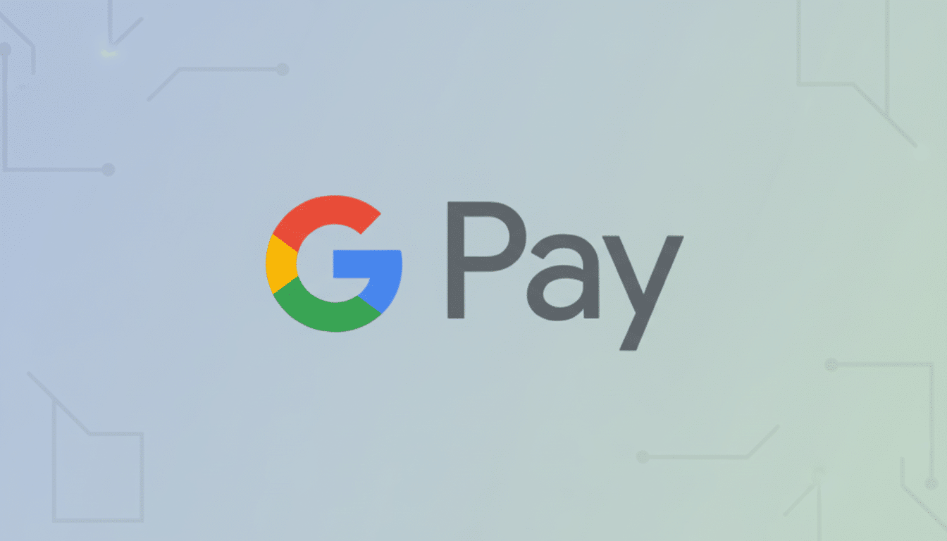 The Google Pay logo, featuring a colorful G and the word Pay in gray, set against a professional light blue-gray background with subtle circuit-like patterns.