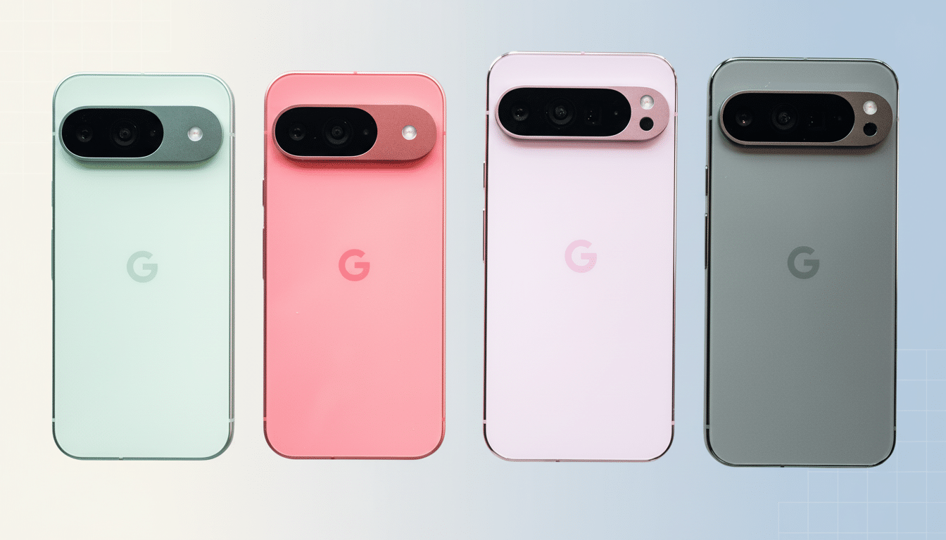 Four Google Pixel phones in different colors (green, pink, light purple, and gray) are arranged in a row on a professional flat design background with soft patterns and gradients.