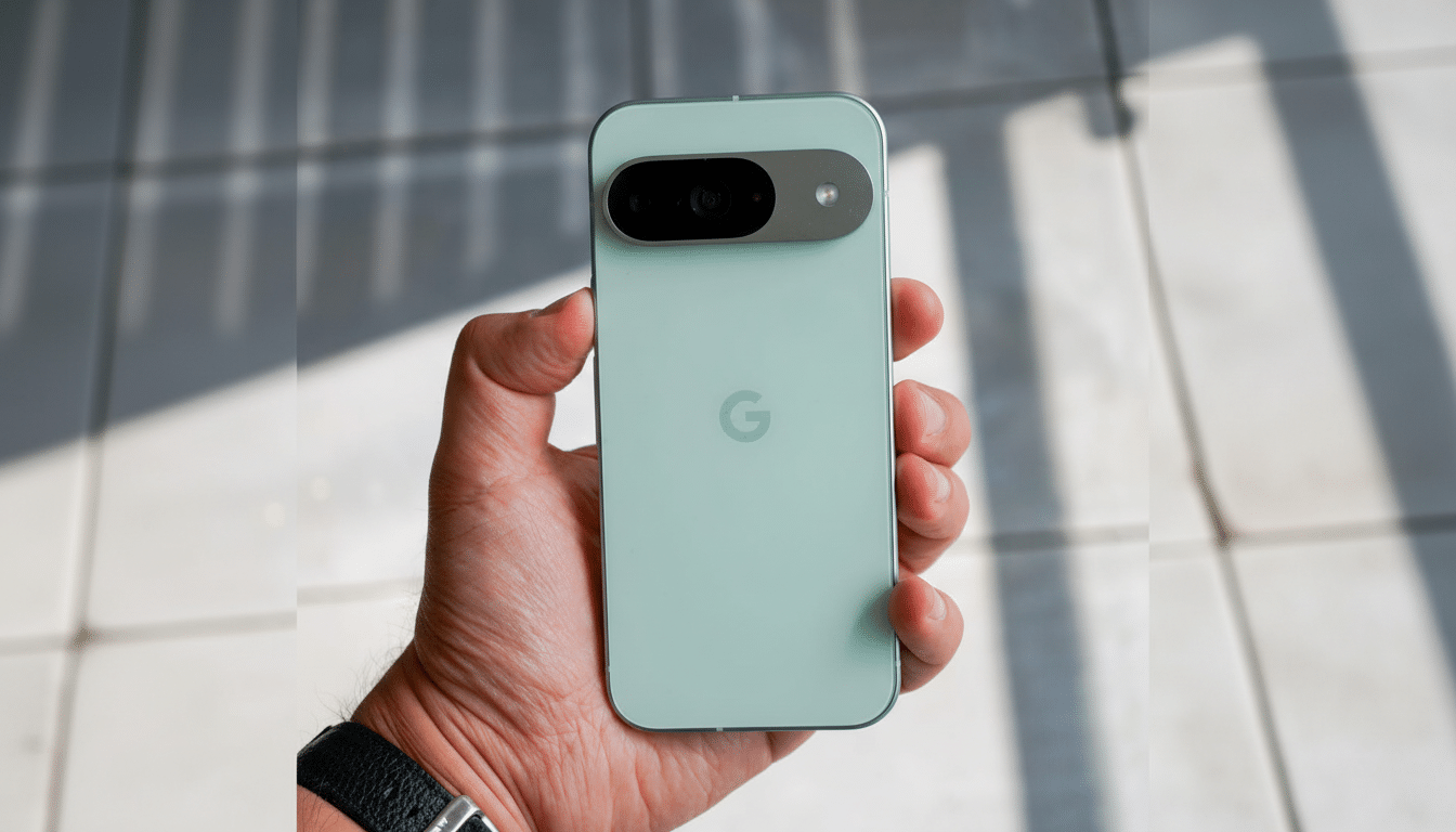 A hand holding a light green Google Pixel 7 smartphone, resized to a 16:9 aspect ratio.