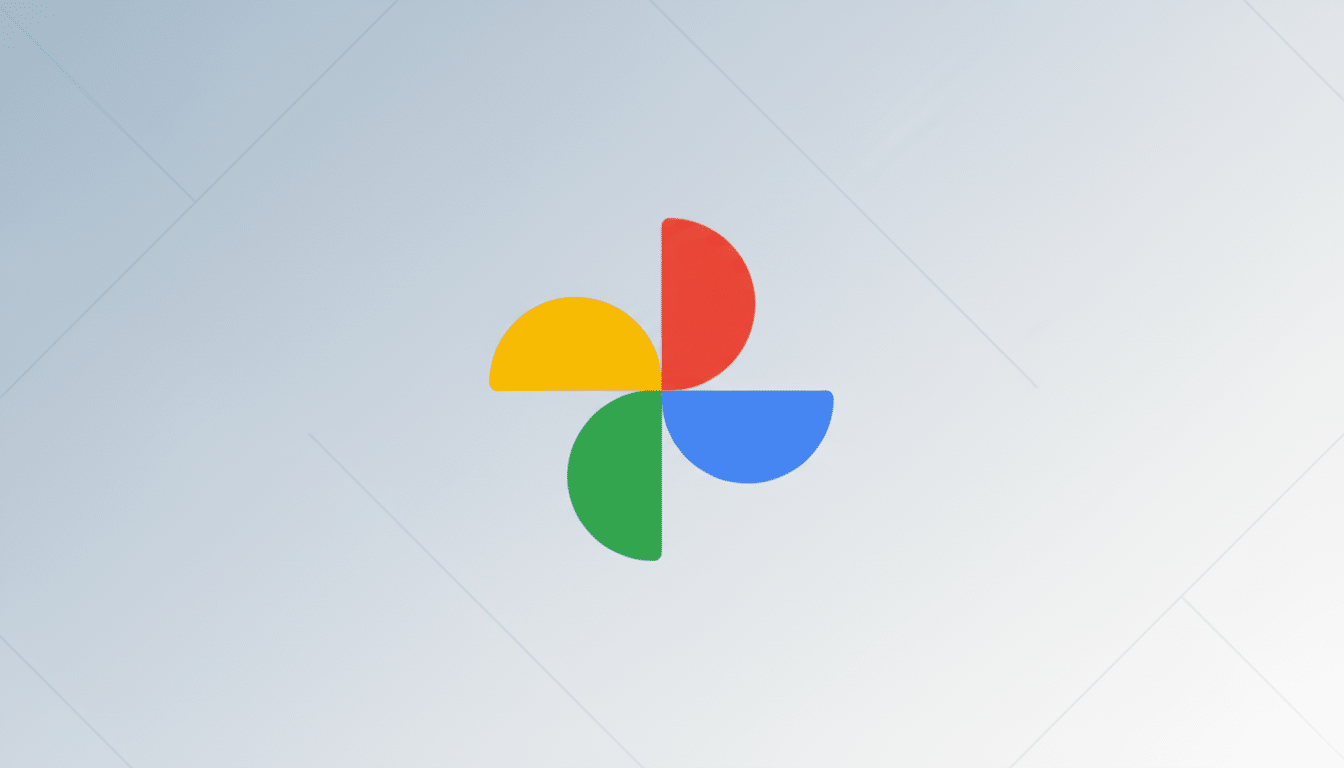 The Google Photos logo, a four-petal pinwheel in red, yellow, green, and blue, centered on a light gray background with subtle diagonal line patterns.