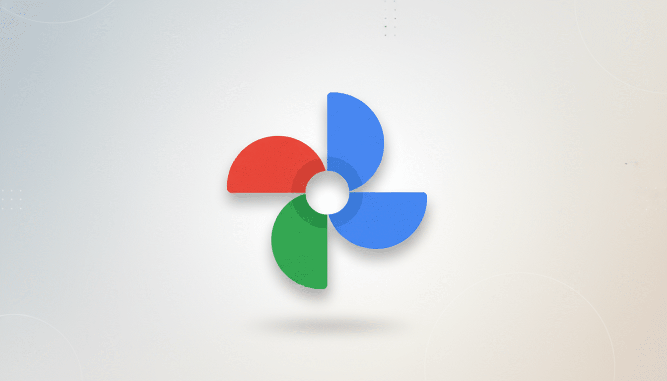 The Google Photos logo, a four-color pinwheel design, centered on a professional flat design background with soft gradients and subtle patterns.