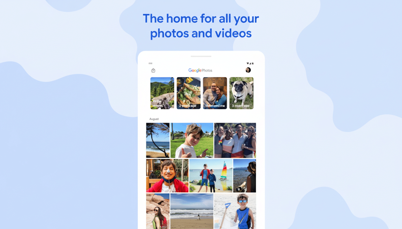 A screenshot of the Google Photos app interface, displaying various personal photos and videos, resized to a 16:9 aspect ratio with the original background maintained.
