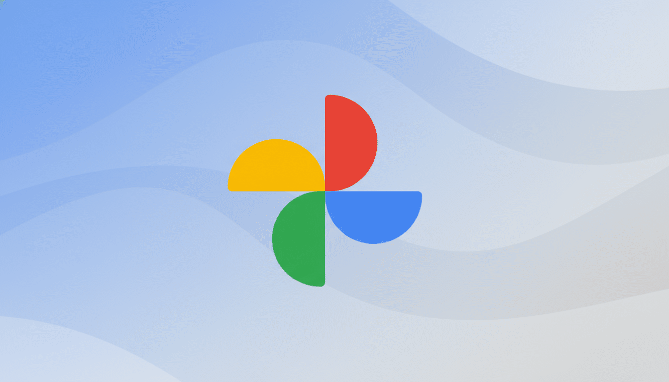 The Google Photos logo, a colorful pinwheel design, centered on a professional light blue background with subtle wave patterns.