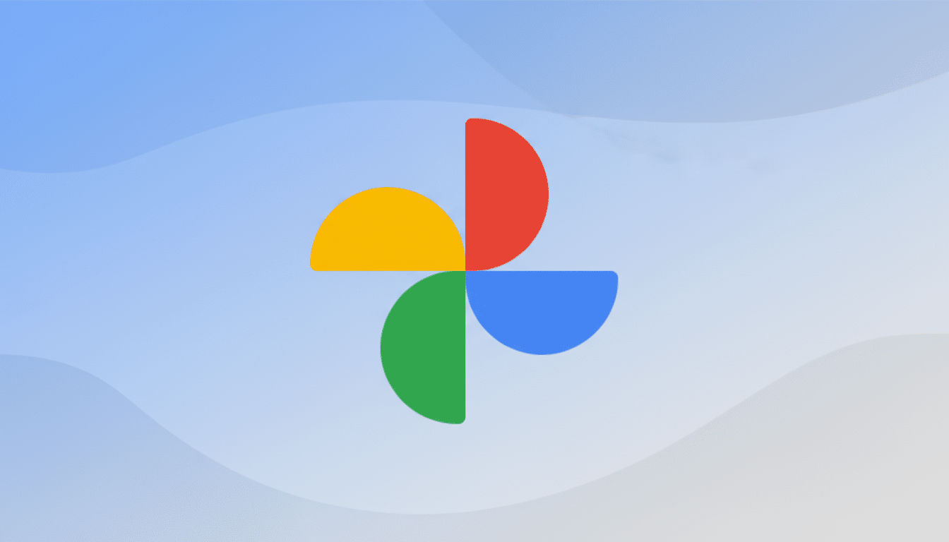The Google Photos logo, a four-color pinwheel design, centered on a light blue gradient background with subtle wave patterns.