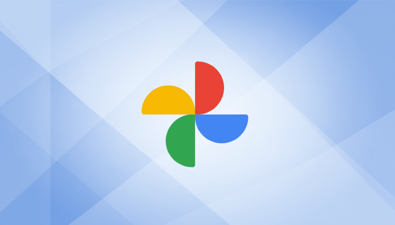 The Google Photos logo, a four-petal pinwheel in red, yellow, green, and blue, centered on a light blue background with subtle geometric patterns.