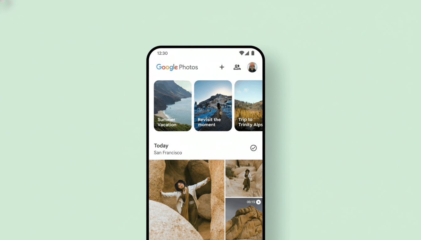 A smartphone displaying the Google Photos app interface, showcasing various photo albums and a Today section with images of a person in a rocky landscape. The image is resized to a 16:9 aspect ratio with the original background maintained.
