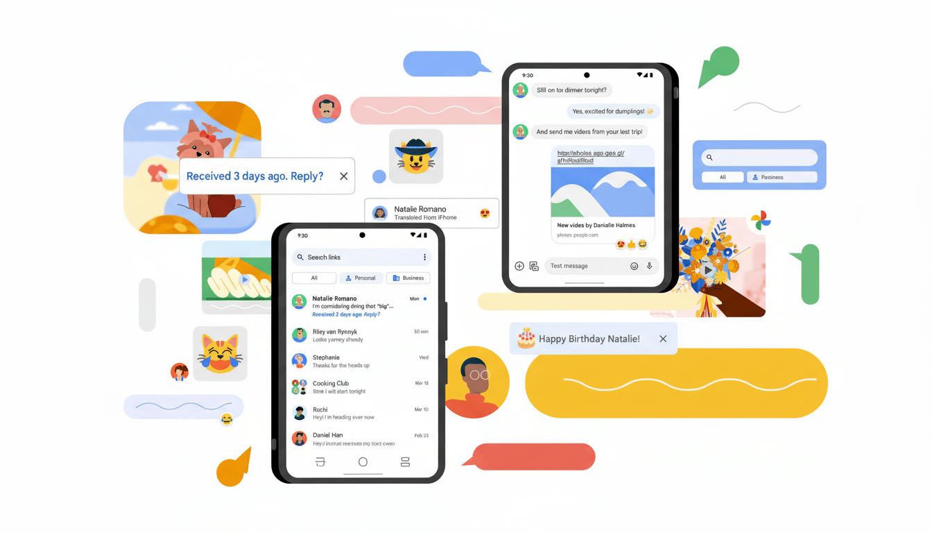 A 16:9 aspect ratio image showing two smartphones displaying messaging apps, surrounded by various chat bubbles and cartoon elements.