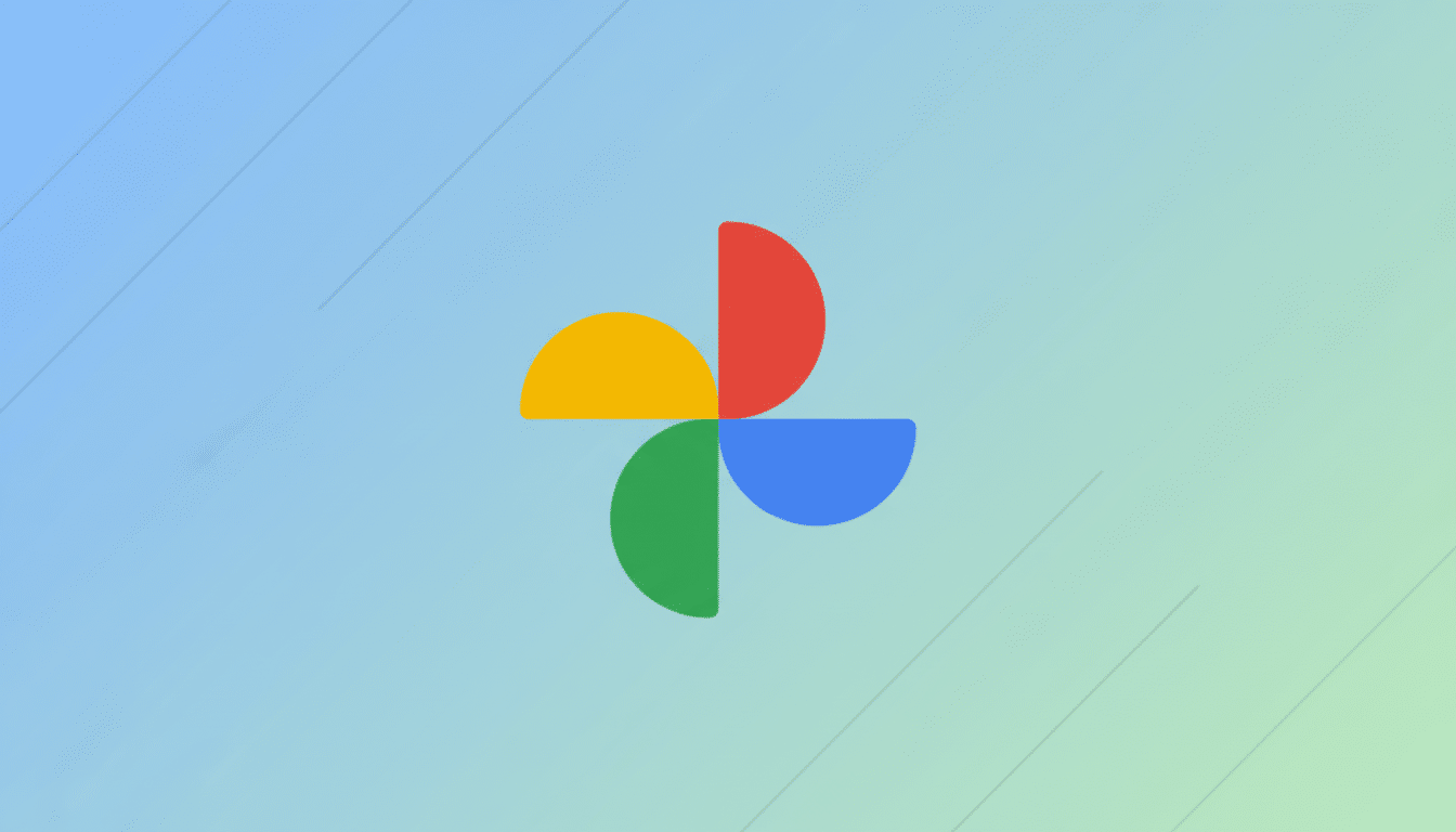 The Google Photos logo, consisting of four colorful, semicircular shapes arranged in a pinwheel pattern, centered on a professional flat design background with a soft blue-to-green gradient and subtle diagonal line patterns.