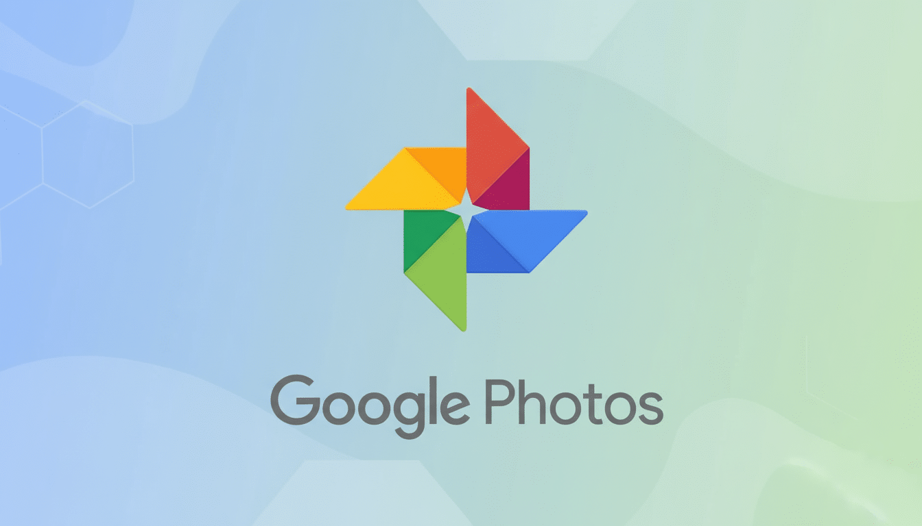 The Google Photos logo, a colorful pinwheel design, centered on a professional flat design background with soft blue and green gradients and subtle organic patterns.