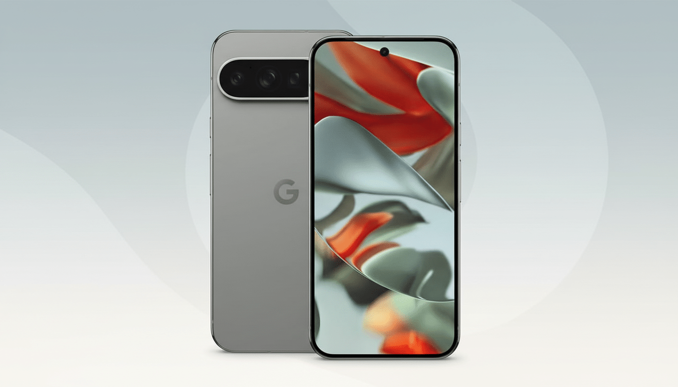 A professional image of a gray Google Pixel smartphone, with its front and back visible, set against a soft gray gradient background with subtle circular patterns.