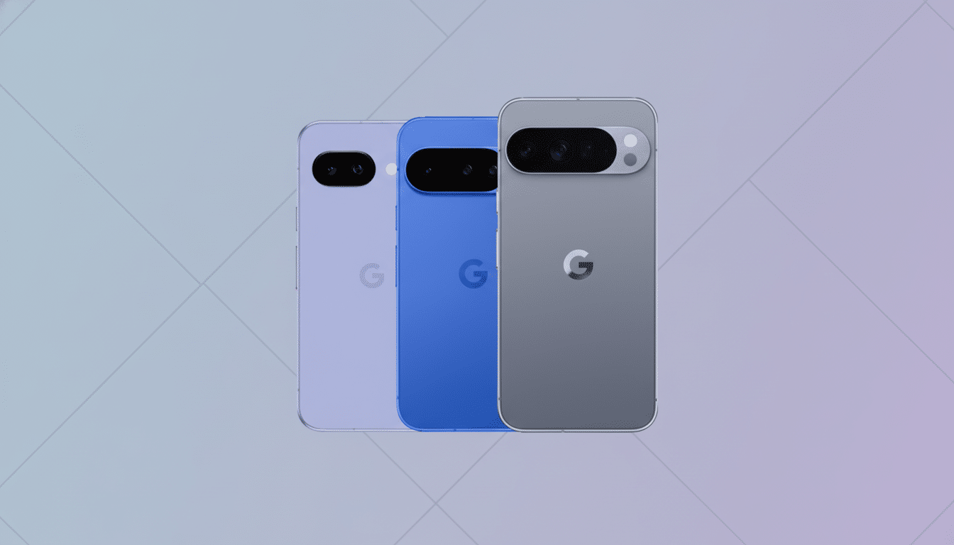 Three Google Pixel phones in different colors (lavender, blue, and gray) are displayed against a professional flat design background with soft patterns and gradients.