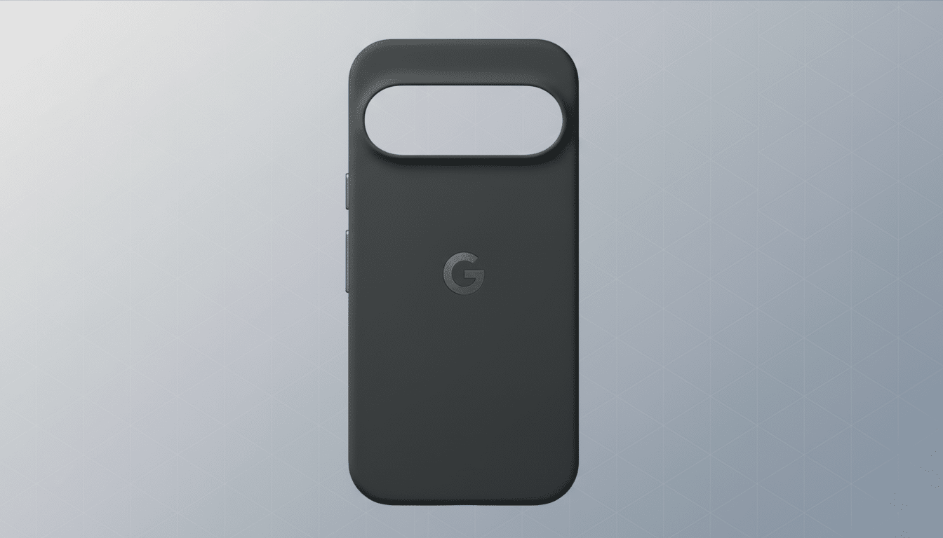 A dark gray Google Pixel phone case with a G logo on the back, presented on a professional flat design background with soft patterns and gradients.