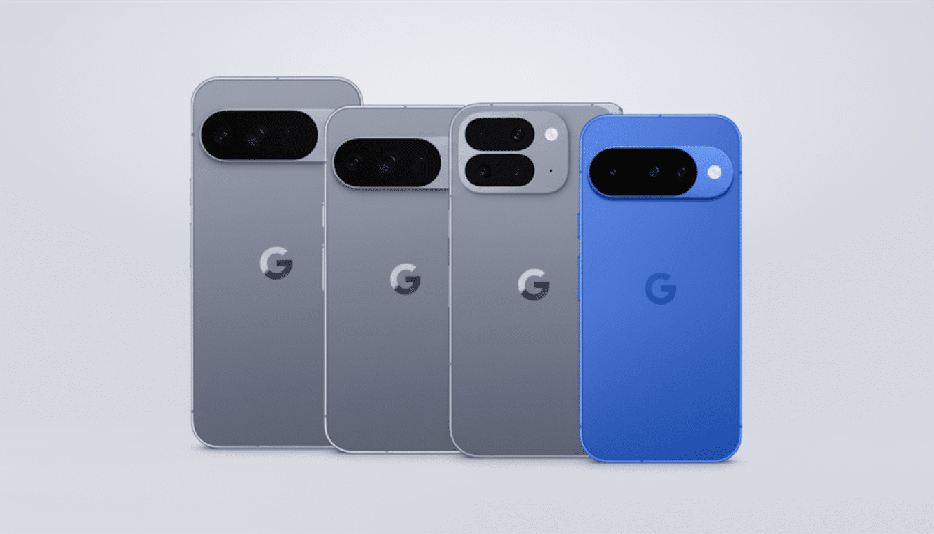 Four Google Pixel phones, three gray and one blue, standing upright against a light gray background.