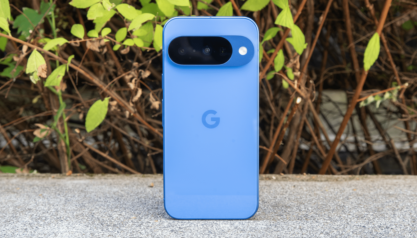 A blue Google Pixel smartphone is shown from the back, standing upright on a concrete surface with a background of green leaves and brown branches.