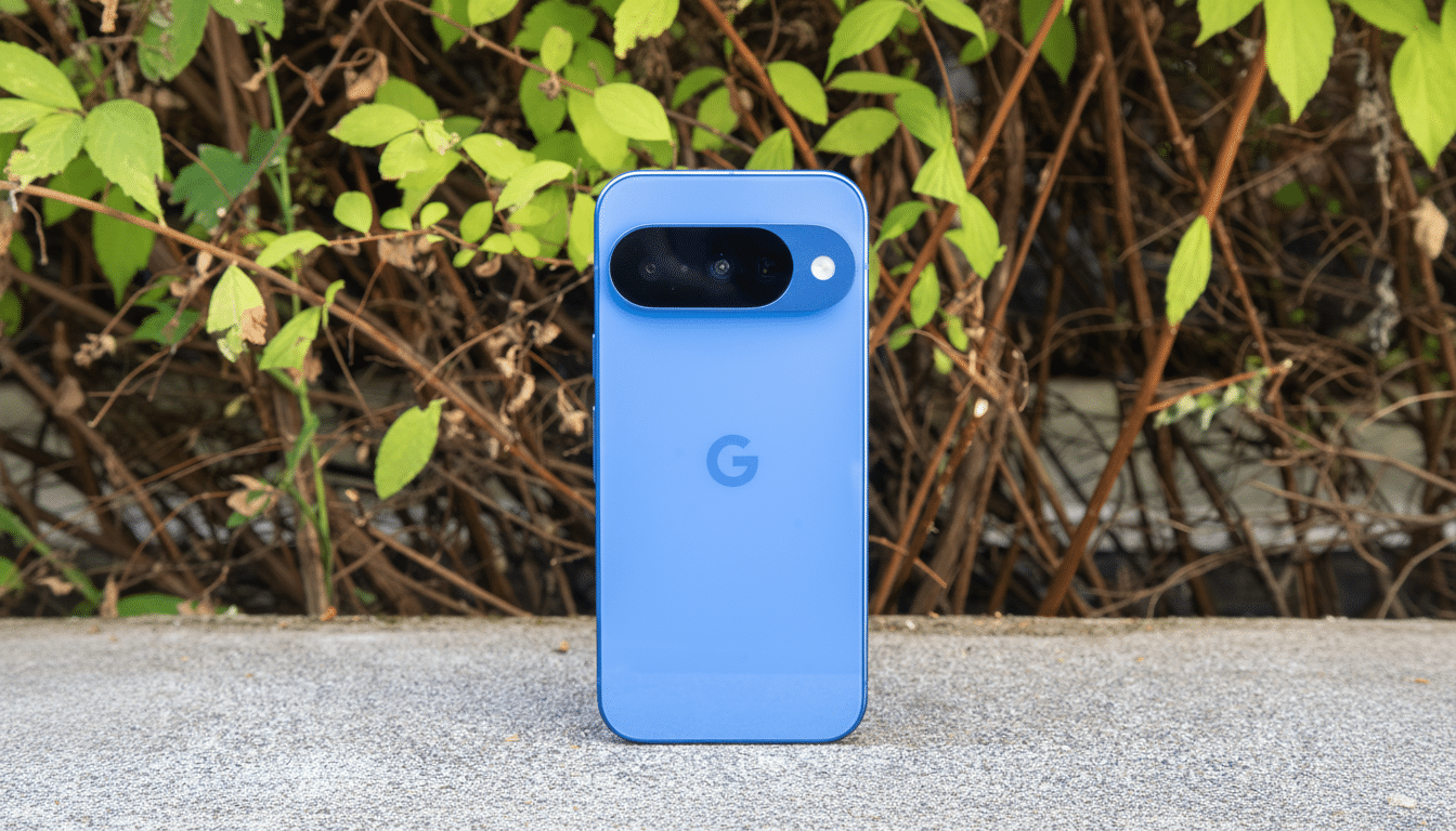 A blue Google Pixel phone stands upright on a concrete surface with a background of green leaves and brown branches.