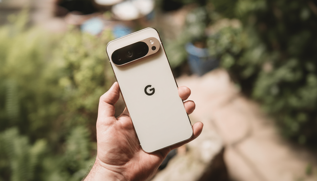 A hand holding a Google Pixel 7 Pro in a natural outdoor setting, resized to a 16:9 aspect ratio.