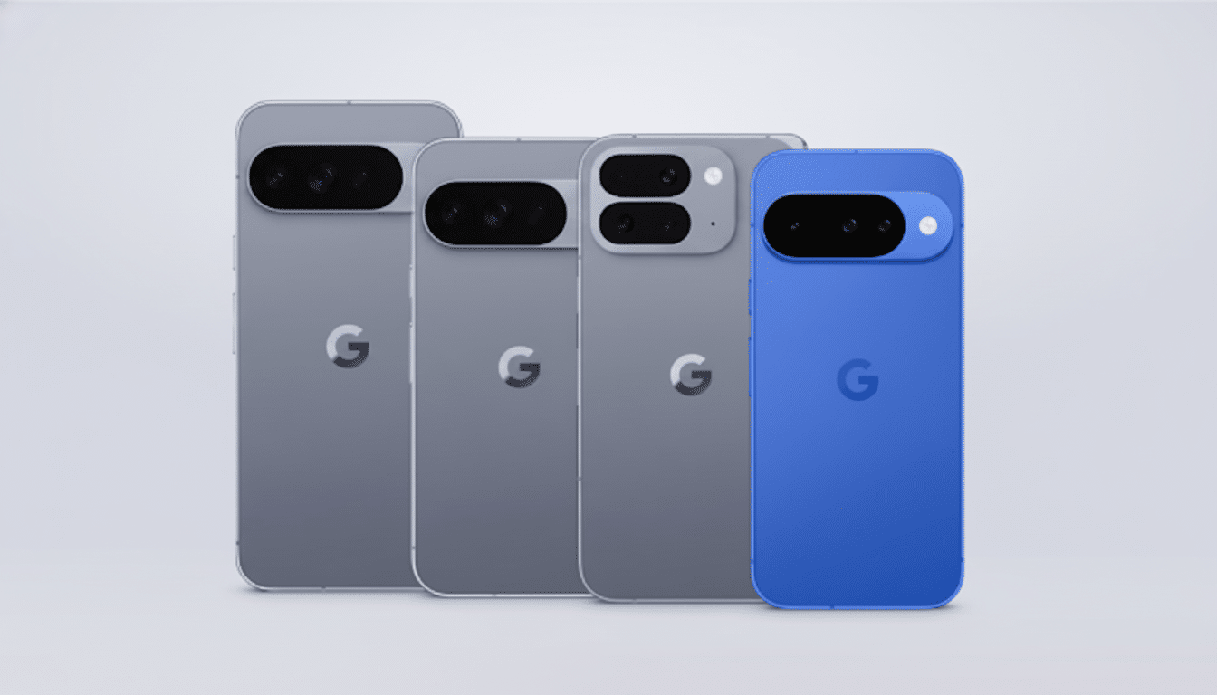 Four Google Pixel phones, three gray and one blue, arranged in a row against a light gray background.