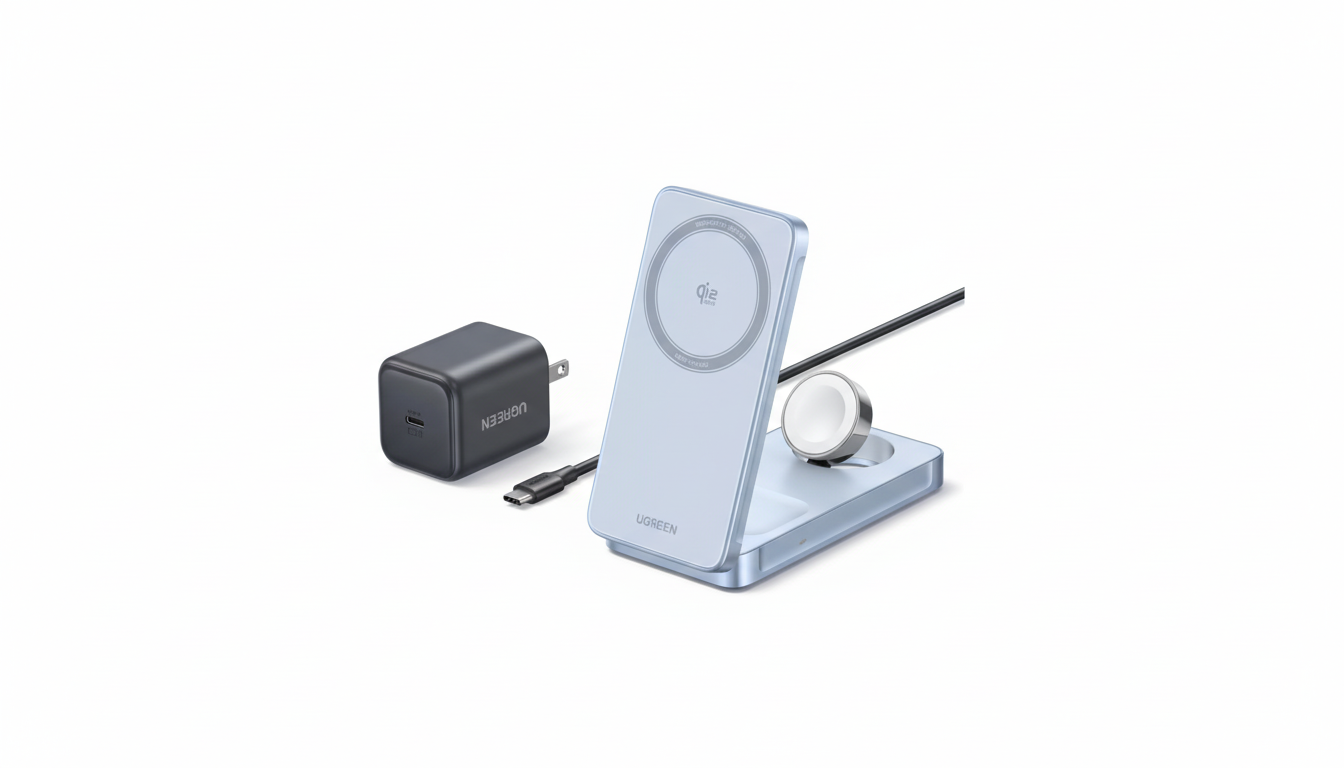 A UGREEN 3-in-1 wireless charging station in light blue, with a black UGREEN wall charger and USB-C cable, presented on a clean white background.