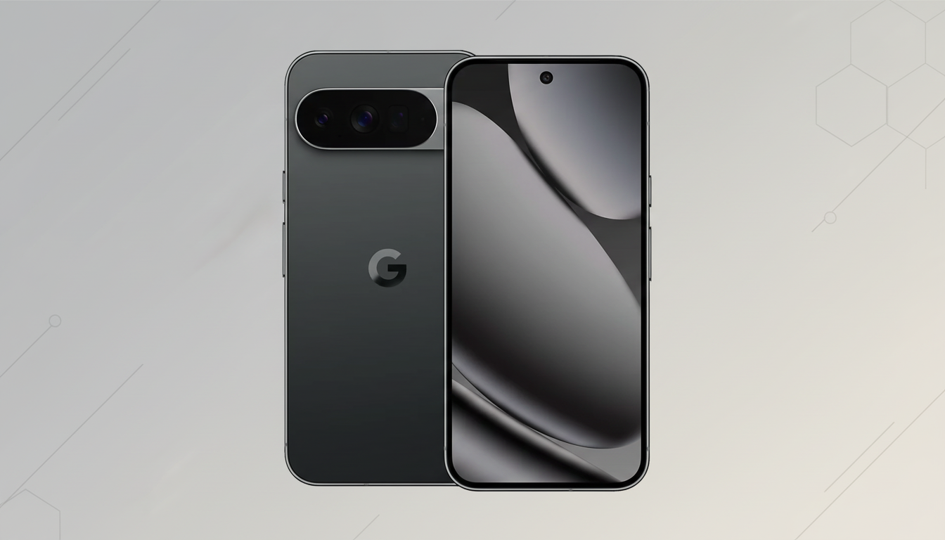 A dark gray smartphone, possibly a Google Pixel, is shown from the front and back, set against a professional light gray background with subtle geometric patterns.