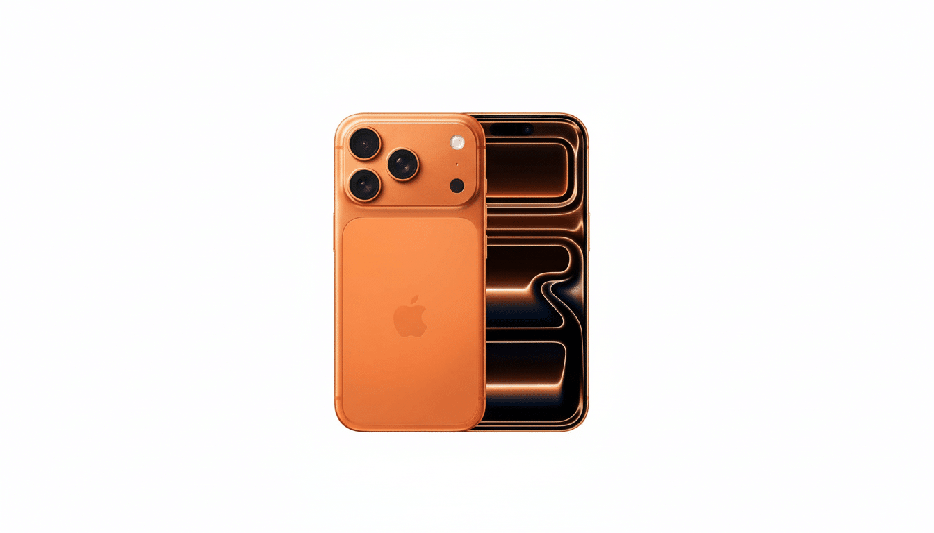 An orange iPhone with three cameras on the back, next to another iPhone displaying a glowing orange and black abstract design on its screen.