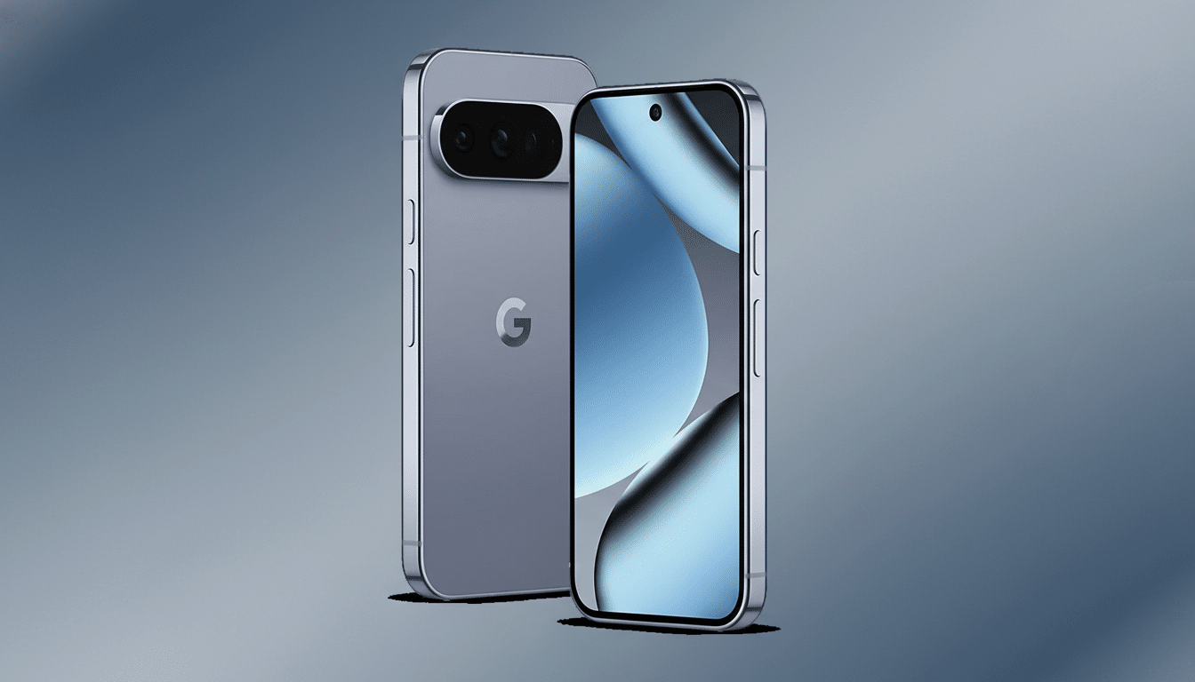 Two modern smartphones, one facing forward with a blue and grey abstract wallpaper, and the other showing its silver back with a G logo and camera bar, presented on a professional flat design background with a soft gradient.