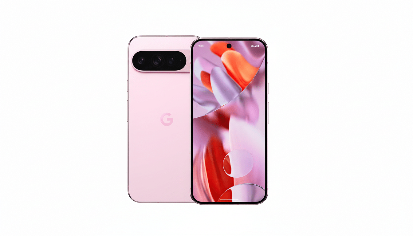 A pink Google Pixel smartphone, shown from the front and back, against a white background.