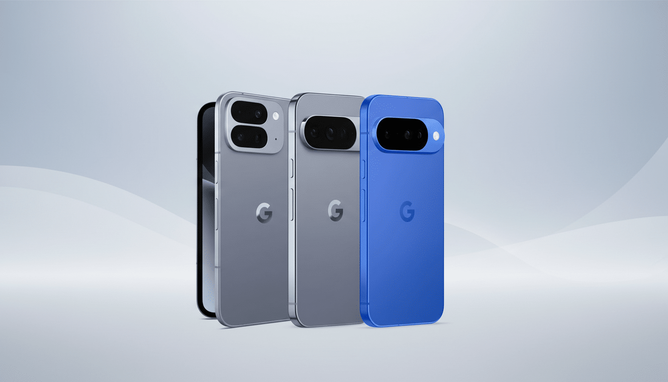 Three smartphones, two gray and one blue, with a G logo on the back, are displayed against a professional light gray background with subtle wave patterns.