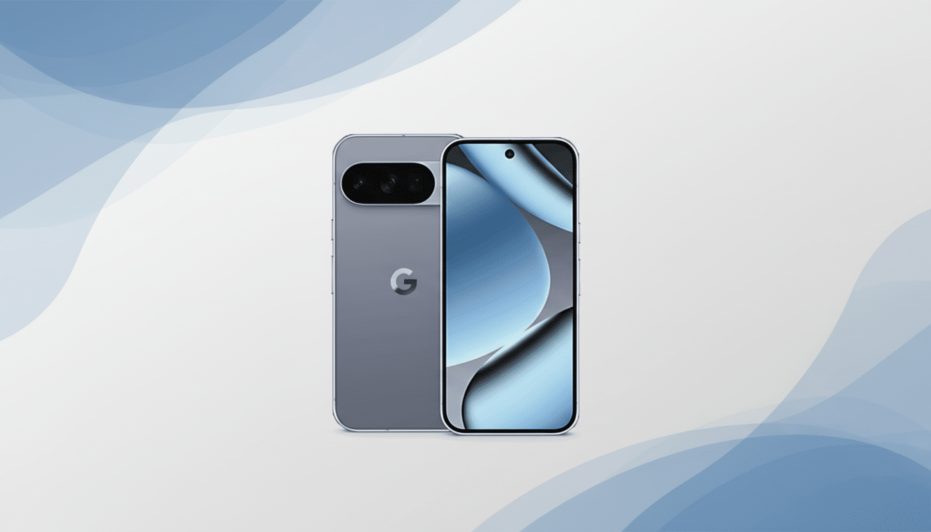 A Google Pixel 7 smartphone, shown from the front and back, against a professional flat design background with soft blue and grey patterns.